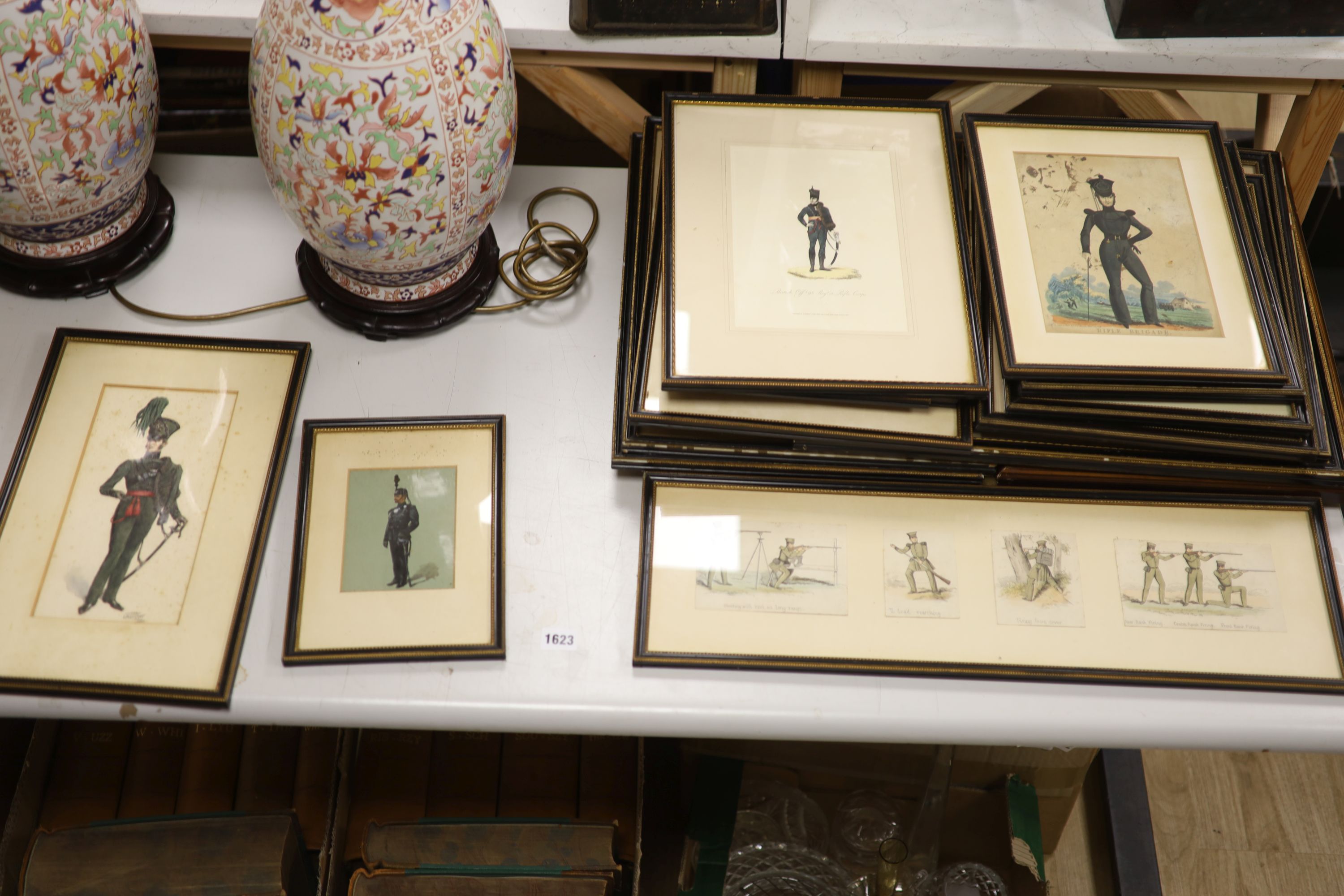 A collection of assorted 19th century Military paintings and prints including Murray Urquhart (1880-1972) study of a Rifleman, dated 1934, 26 x 12.5cm
